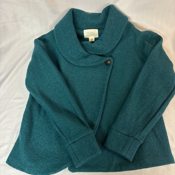 Sigrid Olsen teal boiled wool blend cowl neck sweater jacket button closure M - Picture 4 of 7